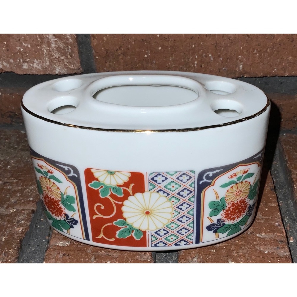 Vintage Imari Porcelain Toothbrush Holder Floral Gold Trim Oval Ceramic Vanity